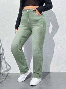 SHEIN ICON 大码女式直筒宽松休闲牛仔裤，带口袋 - 軍綠色 - 查看 1