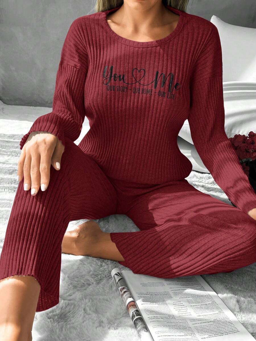 EURMUSE Ladies' Ribbed Pajama Set With Text Print - Red - View 1