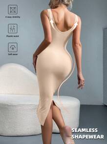 Women Solid Color Crew Neck Long Fitted Bodycon Dress, Sleeveless
