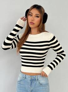 SHEIN PETITE Striped Pattern Ribbed Knit Sweater In Fall/Winter - Black and White - View 3
