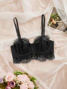 纯色性感蕾丝法式钢圈吊带背心 - 黑色 - 查看 1
