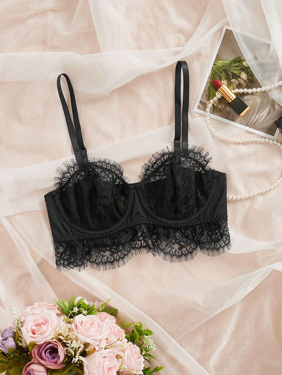 纯色性感蕾丝法式钢圈吊带背心 - 黑色 - 查看 1
