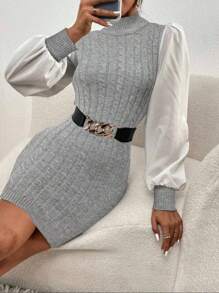 SHEIN Essnce Damen Farbblock Rollkragen Puffärmel strukturiertes Strick Sweatkleid, Marineblau und Weiß, lässiges Passform Kleid für den Herbst - Dunkelgrau - Übersicht 1