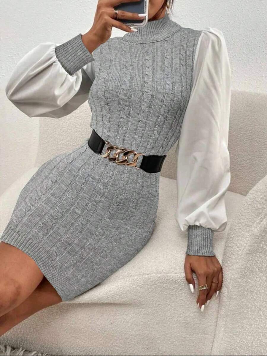 SHEIN Essnce Damen Farbblock Rollkragen Puffärmel strukturiertes Strick Sweatkleid, Marineblau und Weiß, lässiges Passform Kleid für den Herbst - Dunkelgrau - Übersicht 1