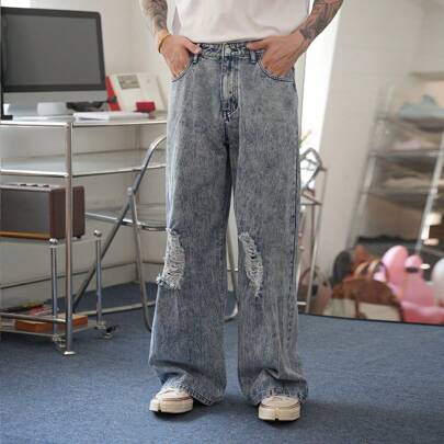 남성용 연한 파란색 찢어진 배기 청바지