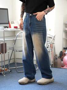 Manfinity Hypemode Men's Dark Blue Washed Loose Wide Leg Casual Business Jeans