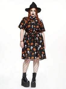 ROMWE Goth Robe trapèze à taille cintrée imprimé squelette et toile d'araignée, grande taille, pour femmes, pour Halloween - Noir - Voir 6