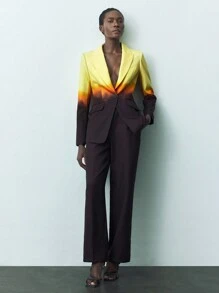 Maija Women's Ombre Yellow Brown Coffee Color Lapel Collar Long Sleeve Slim Fitted Blazer And Straight Leg Pants Casual Suit Set For Autumn Winter