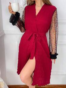 Plush Heart & Mesh Contrast 3d Ruffle Trim Tie-Waist Robe - Burgundy - View 3