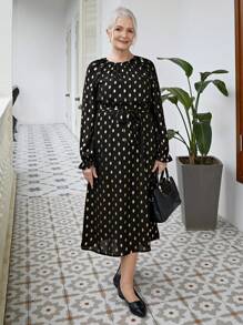 SHEIN LUNE 商务休闲女装女装女士休闲烫金印花中长连衣裙，春秋季 - 黑色 - 查看 6