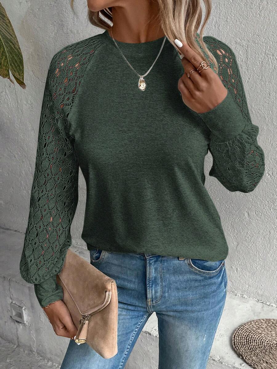 SHEIN Clasi Women's Solid Color Contrast Lace Raglan Sleeve Casual Top, Spring And Summer - Dark Green - View 1