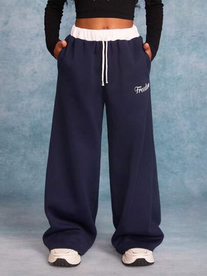 SHEIN Tween Girl Color Contrast Letter Printed Drawstring Baggy Sweatpants