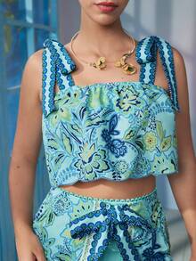 VALERIA GALIPOLI Frida Kahlo X SHEIN X Designer Floral Print Knot Shoulder Crop Cami Top, Holiday - Multicolor - View 5