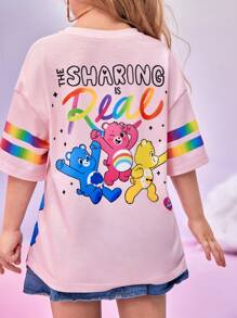 SHEIN X Care Bears Camiseta de manga corta holgada con estampado degradado de oso de dibujos animados y arcoíris, diseño joven y casual para niña, ideal para verano, vacaciones, Año Nuevo, Acción de Gracias