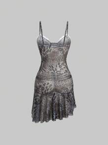 SHEIN Unity 细肩带蕾丝撞色镂空荷叶边下摆短款休闲连衣裙 - 灰色 - 查看 2