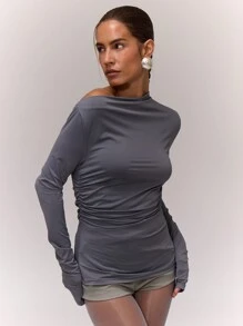 MUSERA Slinky Asymmetrical Shoulder Ruched Long Sleeve Top Vacation Spring Elegant Sexy ,Elegant Springl Boho Holiday - Dark Grey - View 1