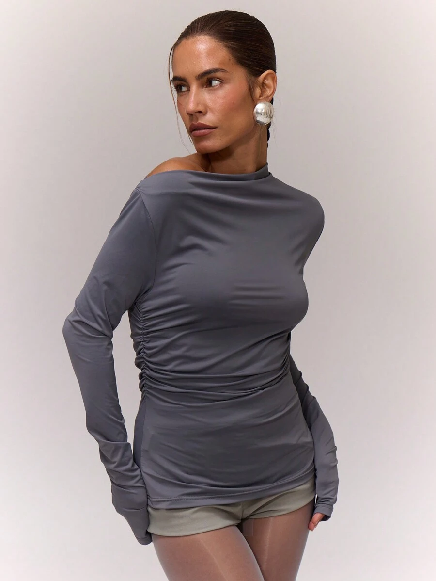 MUSERA Slinky Asymmetrical Shoulder Ruched Long Sleeve Top Vacation Spring Elegant Sexy ,Elegant Springl Boho Holiday - Dark Grey - View 1