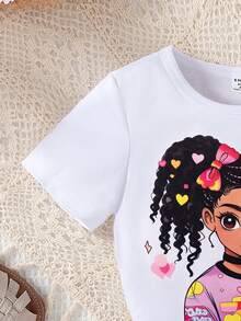 SHEIN Conjunto de 2 piezas de camiseta con estampado floral y falda plisada con estampado de corazón para niñas, verano - Blanco - Ver 3