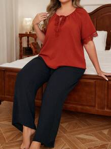 大码透气舒适冰丝皱褶撞色蕾丝休闲经典宽松短袖和裤子套装 - 彩色 - 查看 3