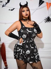 SHEIN EZwear Mono de Halloween con estampado de murciélagos y calabazas para mujer talla grande, con bolsillo para teléfono, disfraz de Halloween, color negro - Blanco y Negro - Ver 4