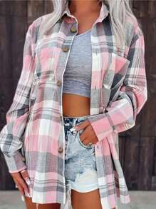 Plus Women Plaid Button-Down Long Sleeve Shirt - Pink - View 2
