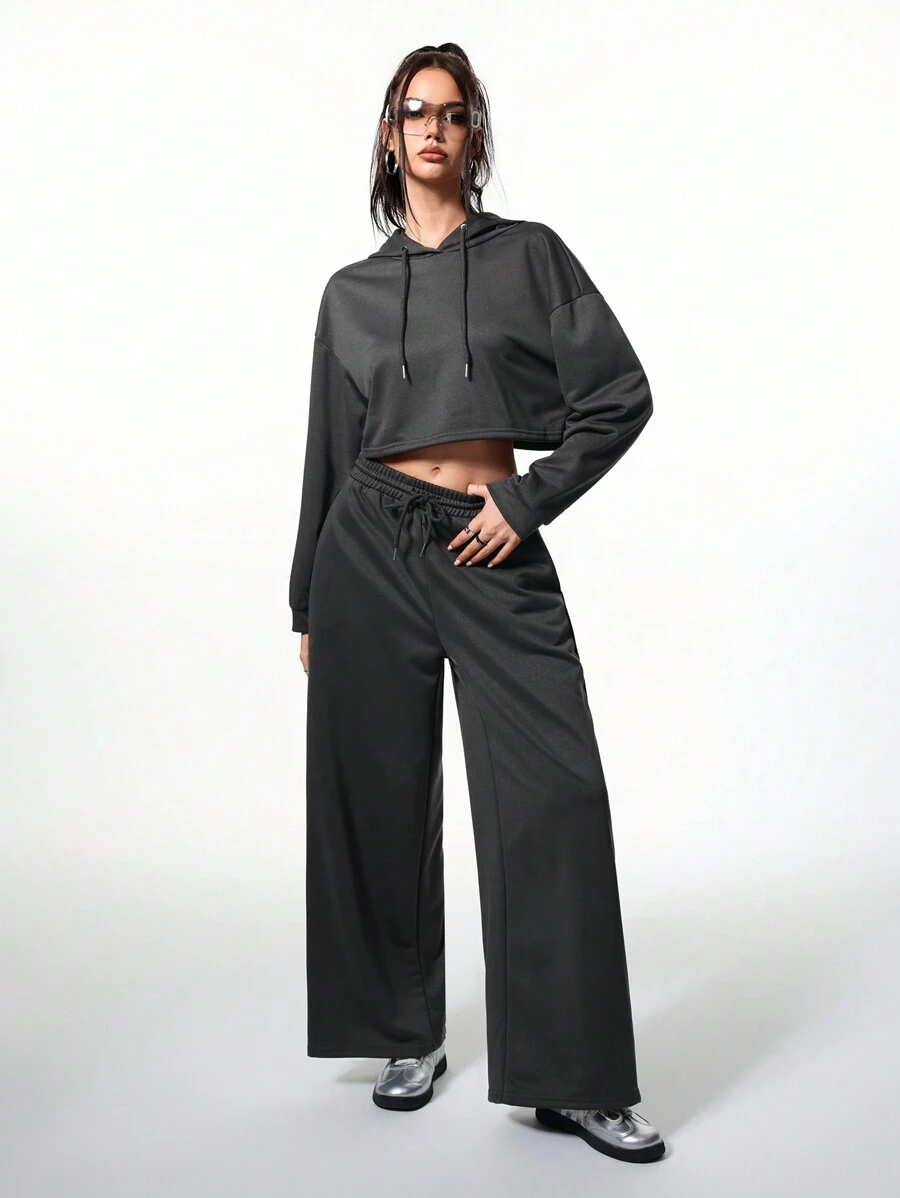 SHEIN EZwear Women's Fashion Lightweight Sweatshirt&Sweatpant 2pcs/Two Pieces - Black - View 1