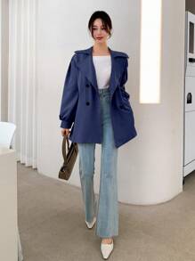 DAZY 女士翻领长袖腰带优雅迷人休闲外套，秋季女装大衣 - 藏蓝色 - 查看 4