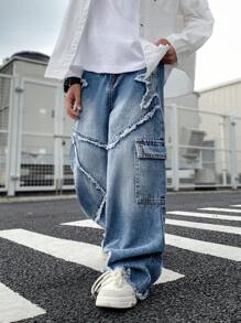 SHEIN Pantalones vaqueros anchos azules con parches y bordes desgastados de tipo estrella en parchwork para niños preadolescentes, para ropa de regreso a la escuela y otoño de niños preadolescentes - Azul lavado medio - Ver 5