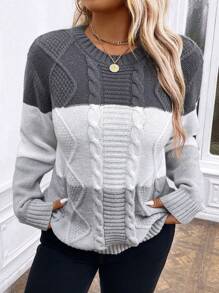 Suéter holgado casual de cuello redondo, manga larga y hombros caídos con bloques de color para mujeres de talla grande, otoño/invierno