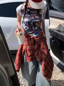 DAZY 女式格子宽领春秋衬衫，适合圣诞节、中国新年服装、春夏秋季、法兰绒女装、秋季女装长袖上衣 - 紅色 - 查看 2