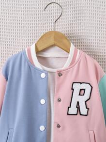 SHEIN Chaqueta de punto informal con parches de letras de bloques de color para niña joven