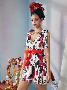 VALERIA GALIPOLI Frida Kahlo X SHEIN X Designer Váy ngắn thắt nút vai họa tiết hoa và hình in tương phản, ngày lễ, tiệc tùng, lễ tạ ơn, lễ hội - Nhiều màu - Xem 3