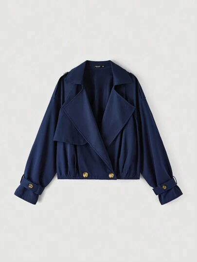 SHEIN MOD 大码海军蓝西装领短款休闲风夹克