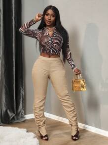SHEIN Slayr Jeans skinny a vita media con arricciature - Albicocca - Visualizzare 7