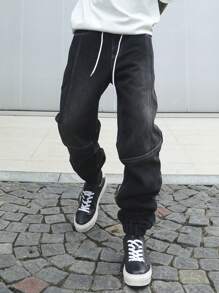 Manfinity EMRG Men's Fashionable Drawstring Casual Denim Jeans For Daily Wear - Black - View 4