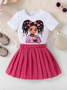 SHEIN Conjunto de 2 piezas de camiseta con estampado floral y falda plisada con estampado de corazón para niñas, verano - Blanco - Ver 1