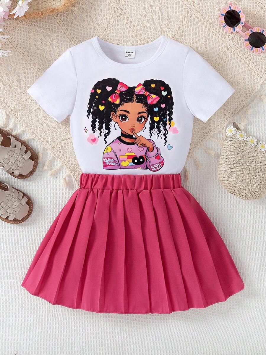 SHEIN Conjunto de 2 piezas de camiseta con estampado floral y falda plisada con estampado de corazón para niñas, verano - Blanco - Ver 1
