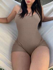 Mystra Vacation Sexy Solid Color Open Back Halter Jumpsuit - Khaki - View 4