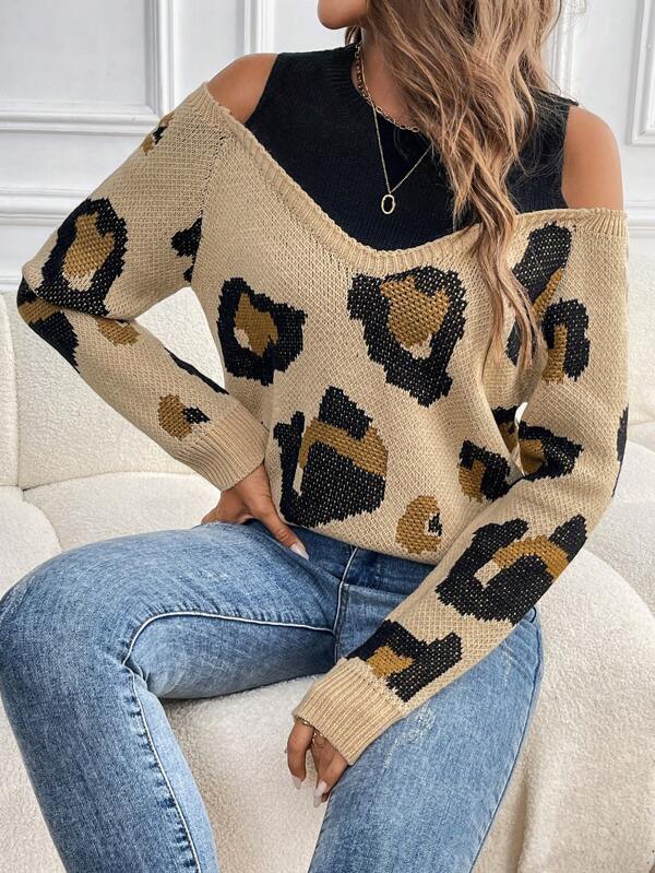 SHEIN LUNE Women's Casual Leopard Print Strapless Long Sleeve Sweater For Autumn & Winter