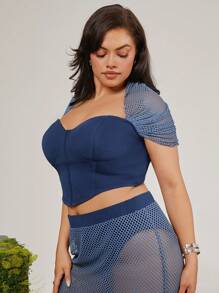 evoluSHEIN X Anitta RAUL OROZCO Designer Plus Corset Crop Top With Mesh Cover, Holiday, Festival