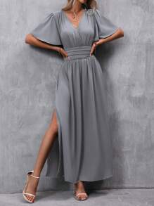 EMERY ROSE Summer Casual Solid Side Slit Dress Maxi Women Outfit - Grey - View 5