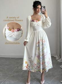 Chiquease 浪漫花卉贴花腰部修身喇叭裙女式长款女装 - 白色 - 查看 1