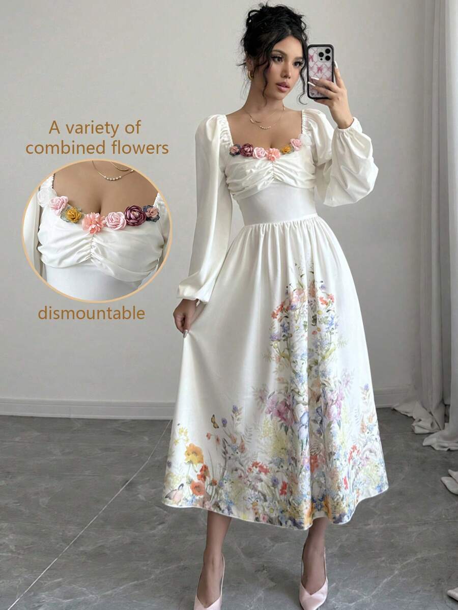 Chiquease 浪漫花卉贴花腰部修身喇叭裙女式长款女装 - 白色 - 查看 1