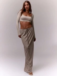 MUSERA Scoop Neck Fitted Long Sleeve Crop Top Casual Summer Spring Holiday - Dusty Purple - View 4