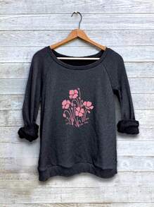 SHEIN LUNE Women's Casual Floral Print Long Sleeve Pullover Fleece T-Shirt, Loose Fit For Fall/Winter