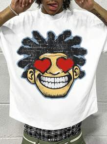 Manfinity Dauomo Men's Casual Cartoon Character Print Round Neck Short Sleeve T-Shirt, Summer - White - View 1