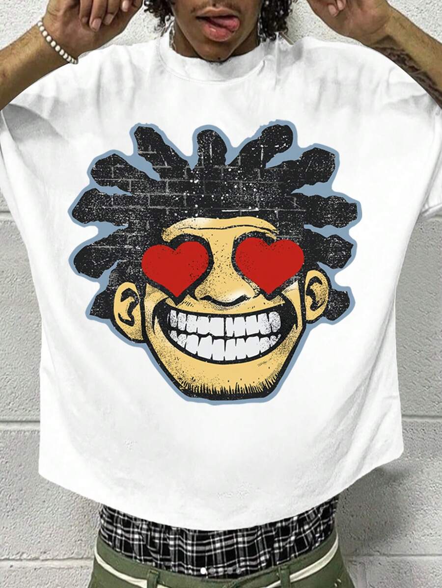 Manfinity Dauomo Men's Casual Cartoon Character Print Round Neck Short Sleeve T-Shirt, Summer - White - View 1