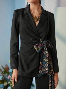 VERO DIAZ Frida Kahlo X SHEIN X Designer Business Casual Lapel Collar Contrast Floral Print Ruched Knot Front Blazer, Holiday, Thanksgiving, Spring, Festival, Office - Multicolor - View 7