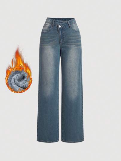 SHEIN MOD Y2K Streetwear High-Waisted Relaxed Fit Thermal Lined Wide Leg Jeans, Blue