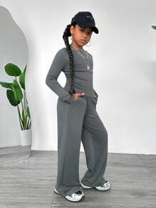 Tween Girls Retro Collegiate Casual Solid Color Round Neck Long Sleeve Top And Wide Leg Pants Set - Dark Grey - View 6